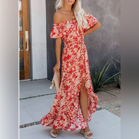 Dresses & Skirts - Off The Shoulder Short Sleeve High Low Hemline Front Faux Buttons Size Medium